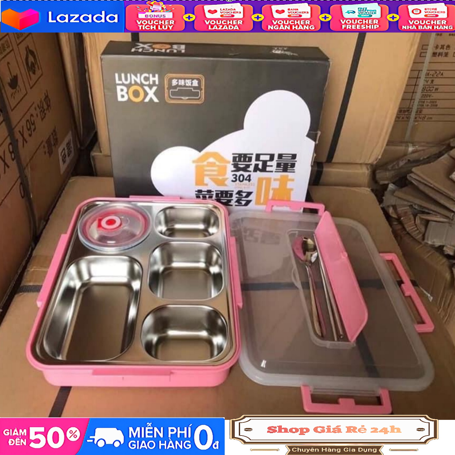 Hộp cơm văn phòng giữ nhiệt 5 ngăn lõi inox 304 - Tặng kèm bộ muỗng đũa inox - Có Khay Để Điện Thoại