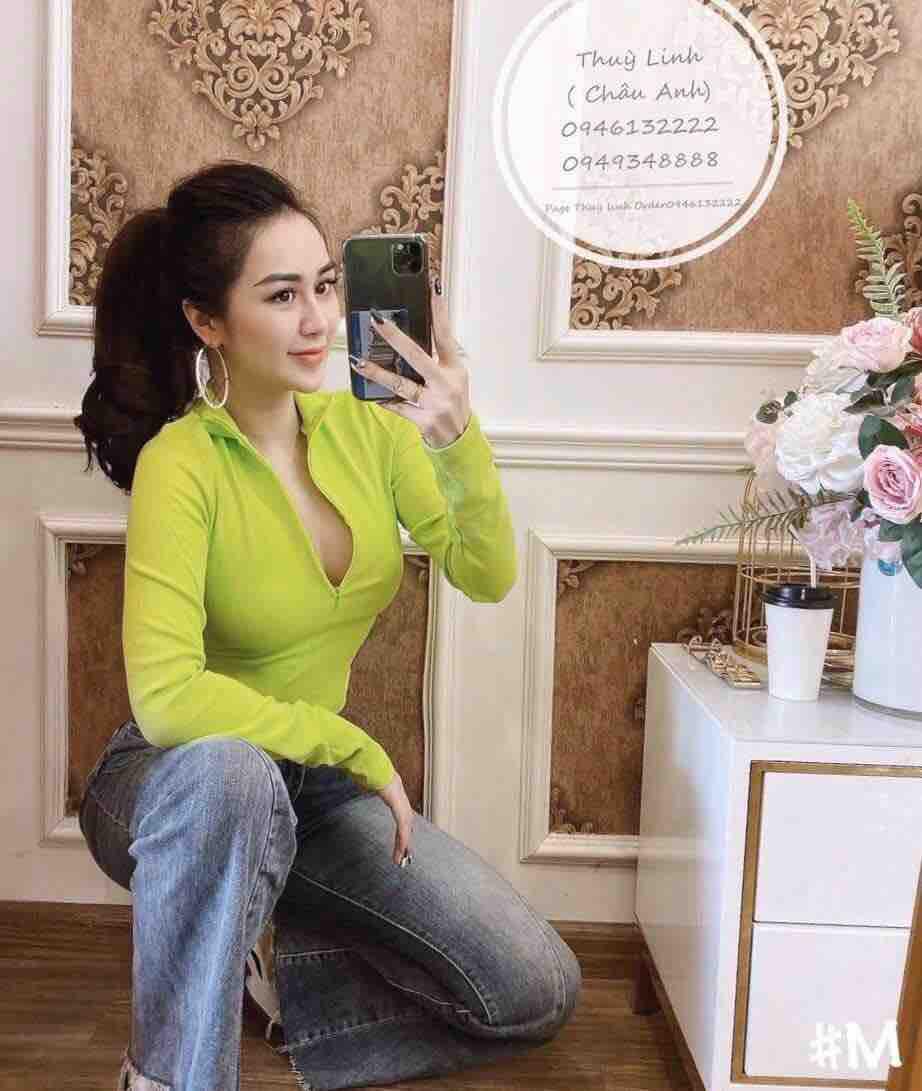 Áo thun cổ trụ dây khoá kéo tay dài