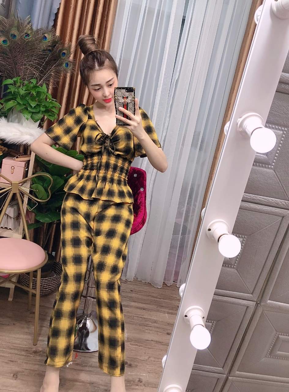 [HCM]Set Bộ Caro Vải Lụa Quần Ống Rộng Tôn Dáng Thiết Kế Thời Trang ( Vàng )
