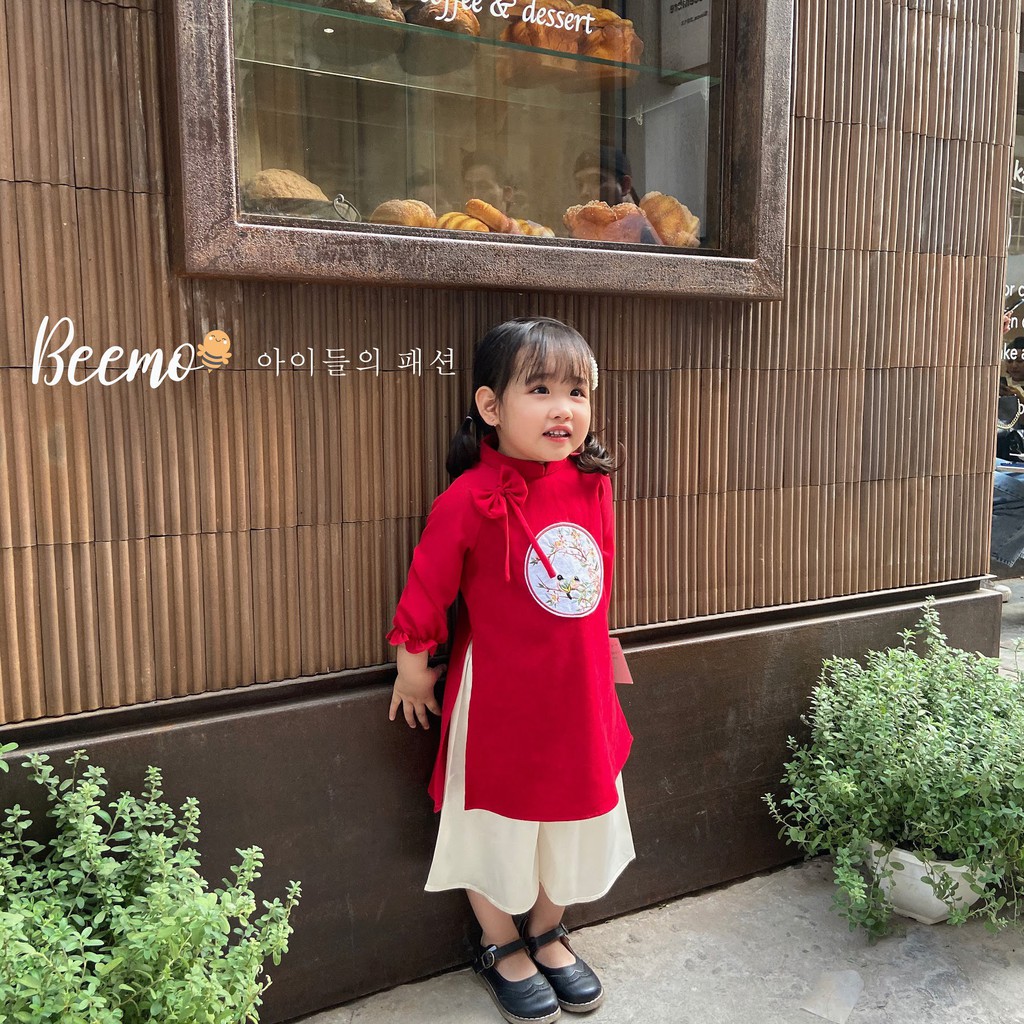 Set Áo Dài Tết Cho Bé Beemo, Chất Liệu Nhung Tăm Phối Voan, Quần Lụa Bóng, Đính Kèm Nơ Xinh Xắn B031