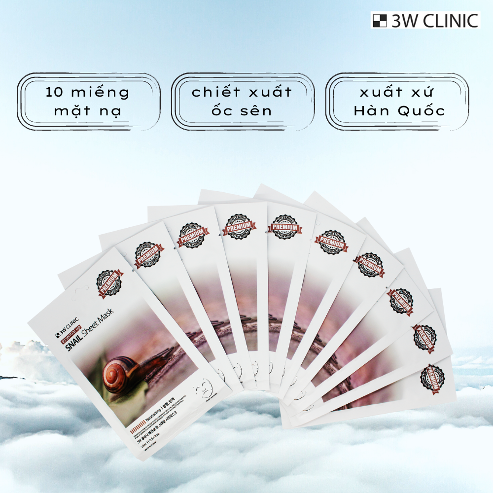 Hộp 10 Miếng Mặt Nạ Ốc Sên Dưỡng Da Cao Cấp Hàn Quốc 3W Clinic Essential Up Snail 25ml x10