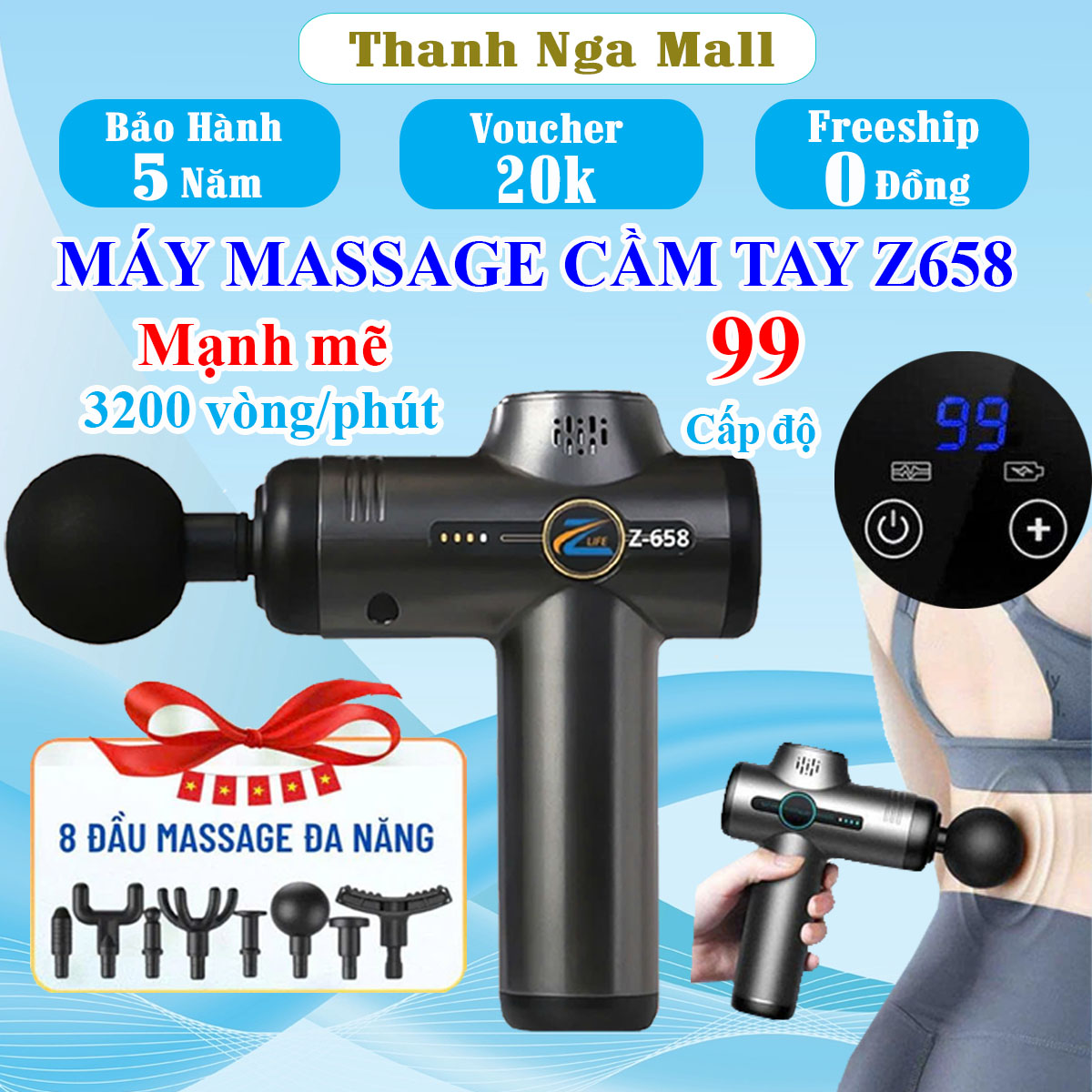 Máy massage cầm tay chính hãng ZLIFE Z658, súng mát xa toàn thân cao cấp 8 đầu, 99 cấp độ, màn led