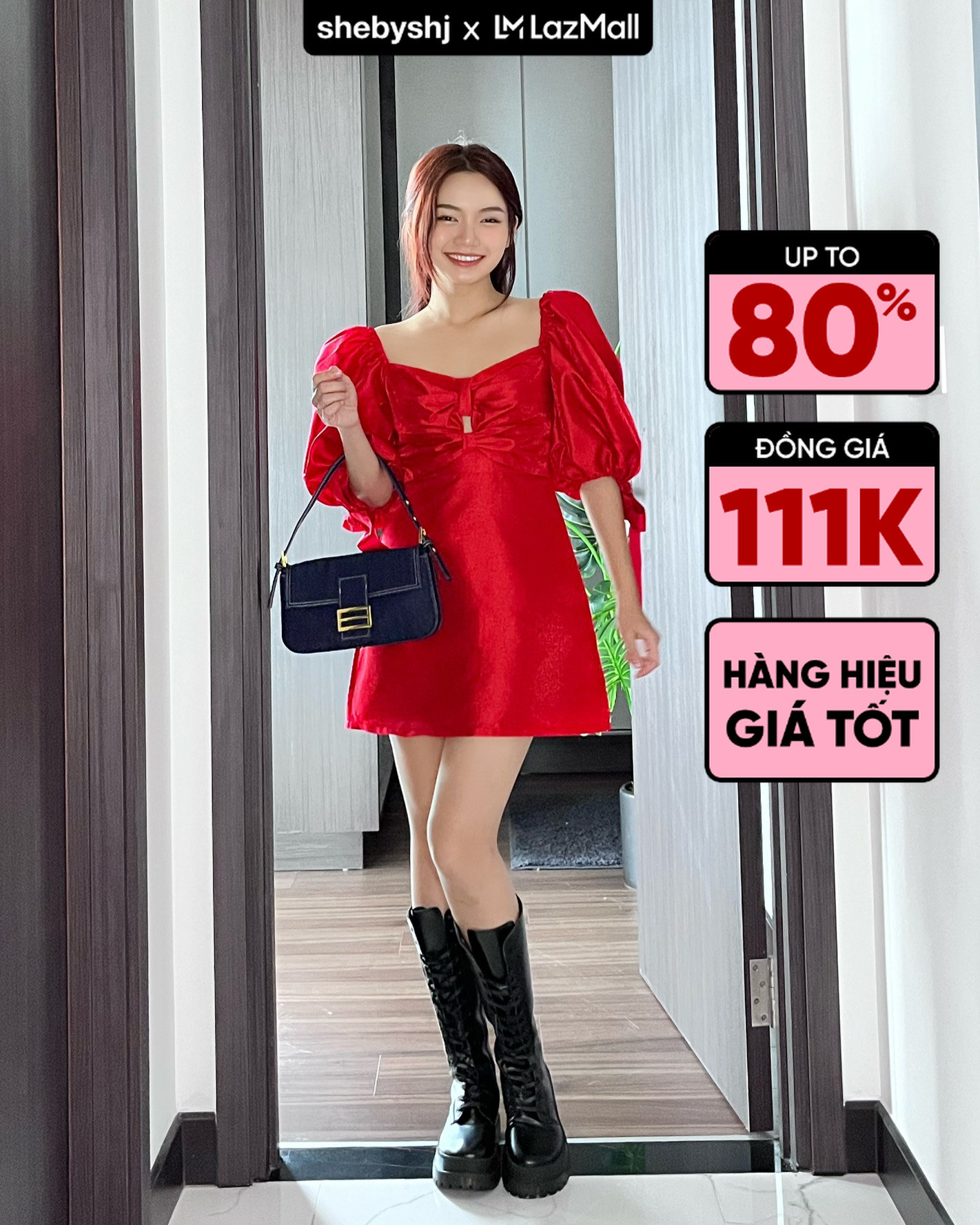 Đầm SheByShj tafta đỏ tay phồng - Red Charlotte Dress
