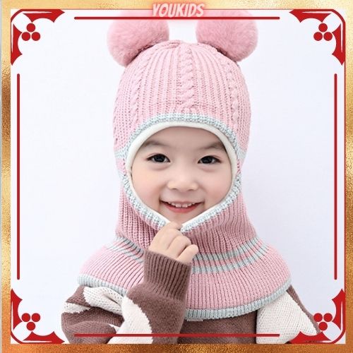 Mũ len cho bé trai gái mùa đông hai quả bông trùm đầu dễ thương giá rẻ đẹp kèm khăn hàng hiệu giữ ấm trẻ sơ sinh