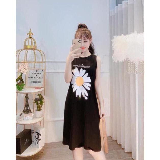 Váy Suông Sát Nách Đầm dài Họa Tiết Hình Hoa Cúc Chất Cotton