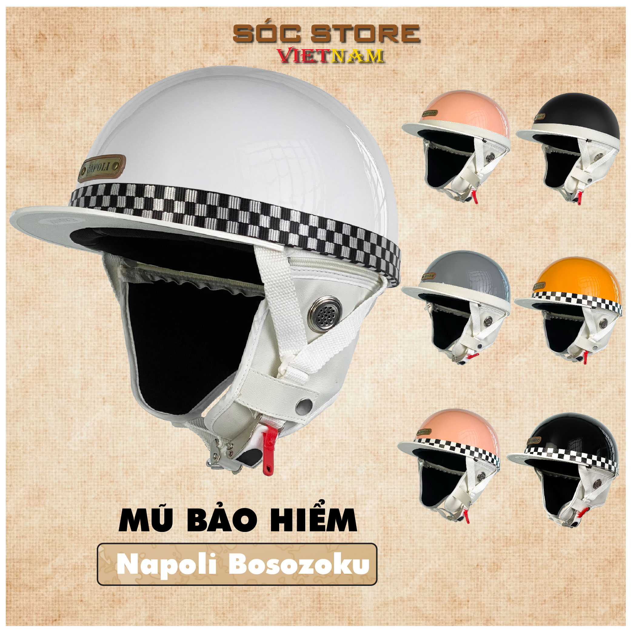 Mũ bảo hiểm nửa đầu Napoli Bosozoku Japan Style, nón bảo hiểm Napoli Vintage lưỡi trai Sóc Store Vietnam