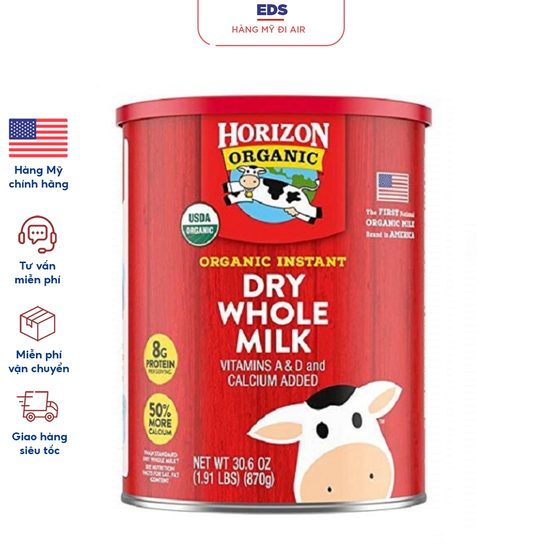 Sữa bột nguyên kem hữu cơ date 5/2025 organic horizon hộp 870g - eds hàng mỹ