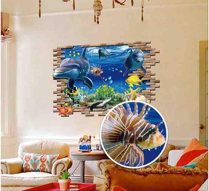 Decal tranh dán tường cá heo 3D