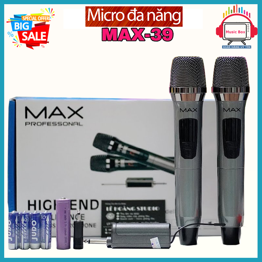 Micro Không Dây, Micro Đôi Hát Karaoke Max 39® Chính Hãng, Chuyên Dành Cho Loa Kéo, Ampy, Mixer, Dàn Nhạc, Màn Hình Led, Chống Hú Tốt, Hát Nhẹ, Sóng Mạnh, Âm Thanh Cực Hay, Chuyên Dùng Cho Karaoke Gia Đình, Hội Trường, Biểu Diễn sân Khẩu.