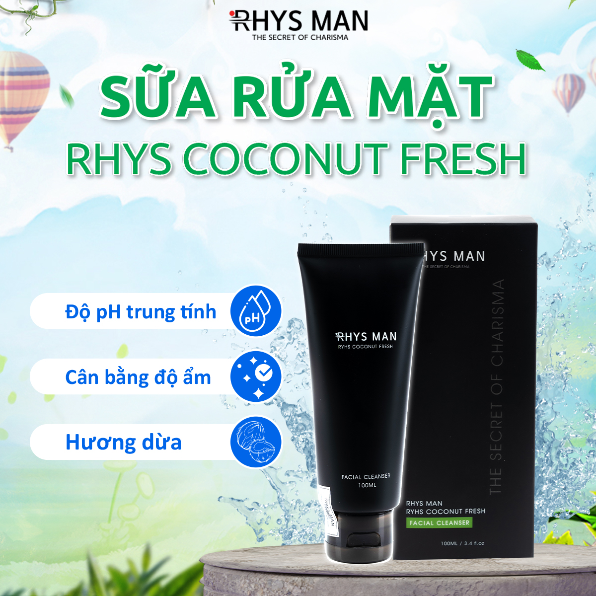 Sữa rửa mặt nam RHYS MAN hương dừa Rhys Coconut Fresh 100ml