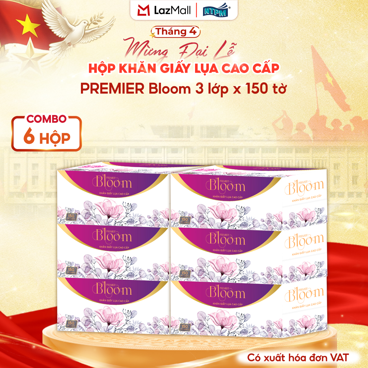 [COMBO 6 HỘP]KHĂN GIẤY HỘP PREMIER BLOOM 3 lớp 100% bột giấy nguyên sinh, không chất tẩy 150 tờ – Chính hãng
