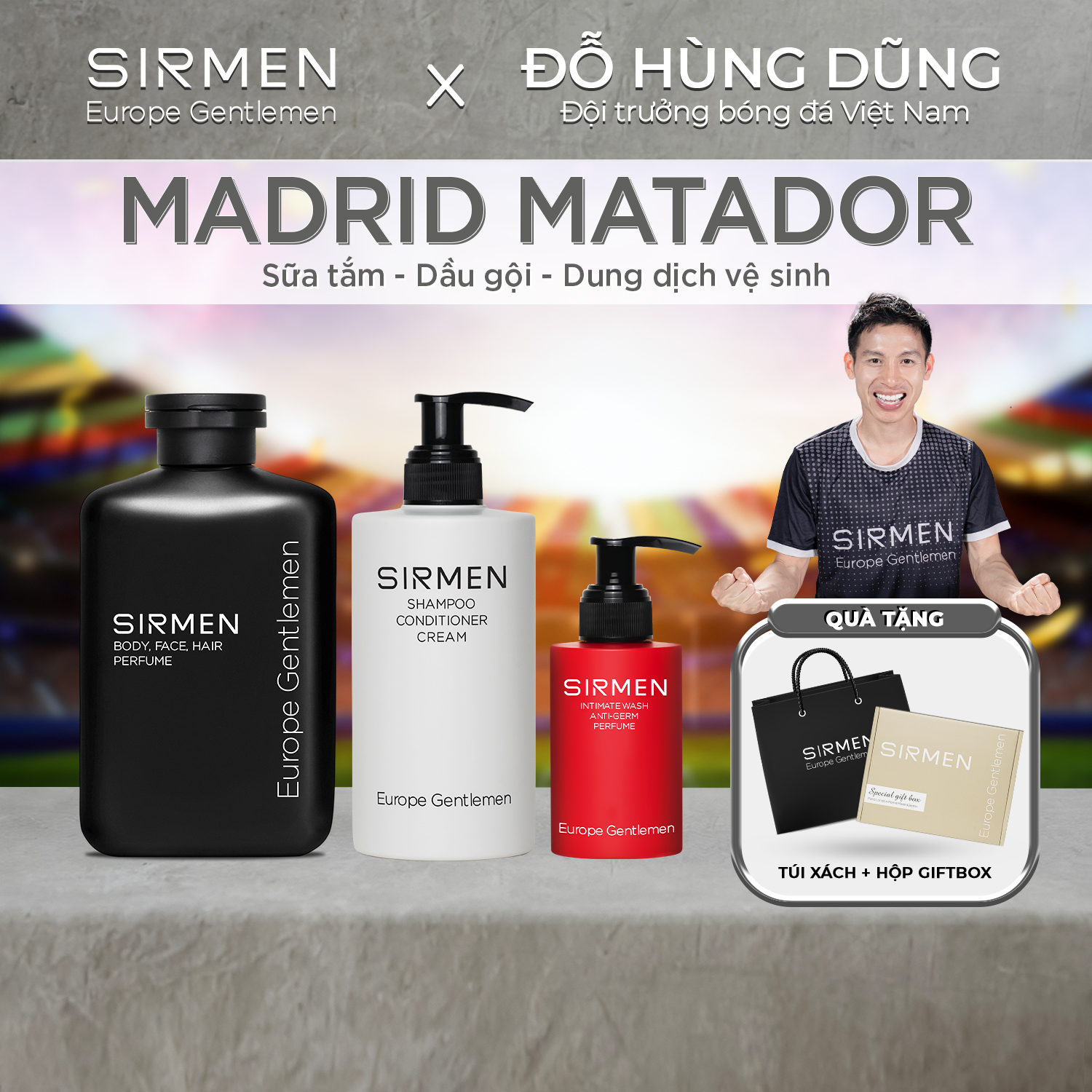 Giftbox combo 3 - Madrid Matador Sữa tắm gội nam 4 in 1 - Dầu gội xả dưỡng nam 3 in 1 và Dung dịch vệ sinh nam 3 in 1 SIRMEN Europe Gentlemen chiết xuất tự nhiên công nghệ EU-Nano