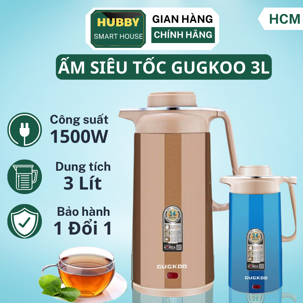 Ấm đun nước siêu tốc, bình nước siêu tốc giữ nhiệt GUGKOO, Ấm siêu tốc Thái Lan dung tích 3L công suất 1500w nhanh sôi và giữ nhiệt cực tốt, bình đun siêu tốc