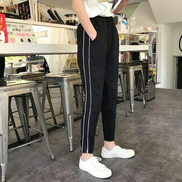 Quần thể thao nam nữ ống suông 2 sọc, unisex vải umi dày dặn