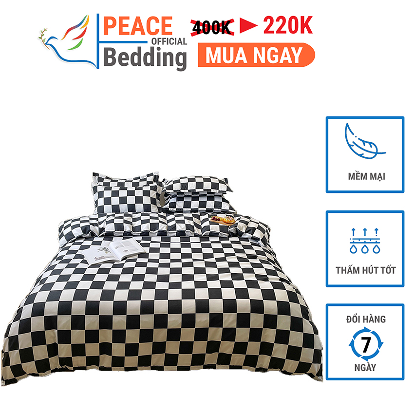 [FREESHIP] Bộ Vỏ Chăn Ga Giường Và 2 Vỏ Gối Đầu 4 Món Giá Rẻ Mẫu Caro Đen Chất Liệu Cotton Poly Nhập Khẩu Hình Ảnh Dễ Thương Bền Màu Giặt Máy Thoải Mái Cho Nệm 1M2, M4, M6, M8, 2M