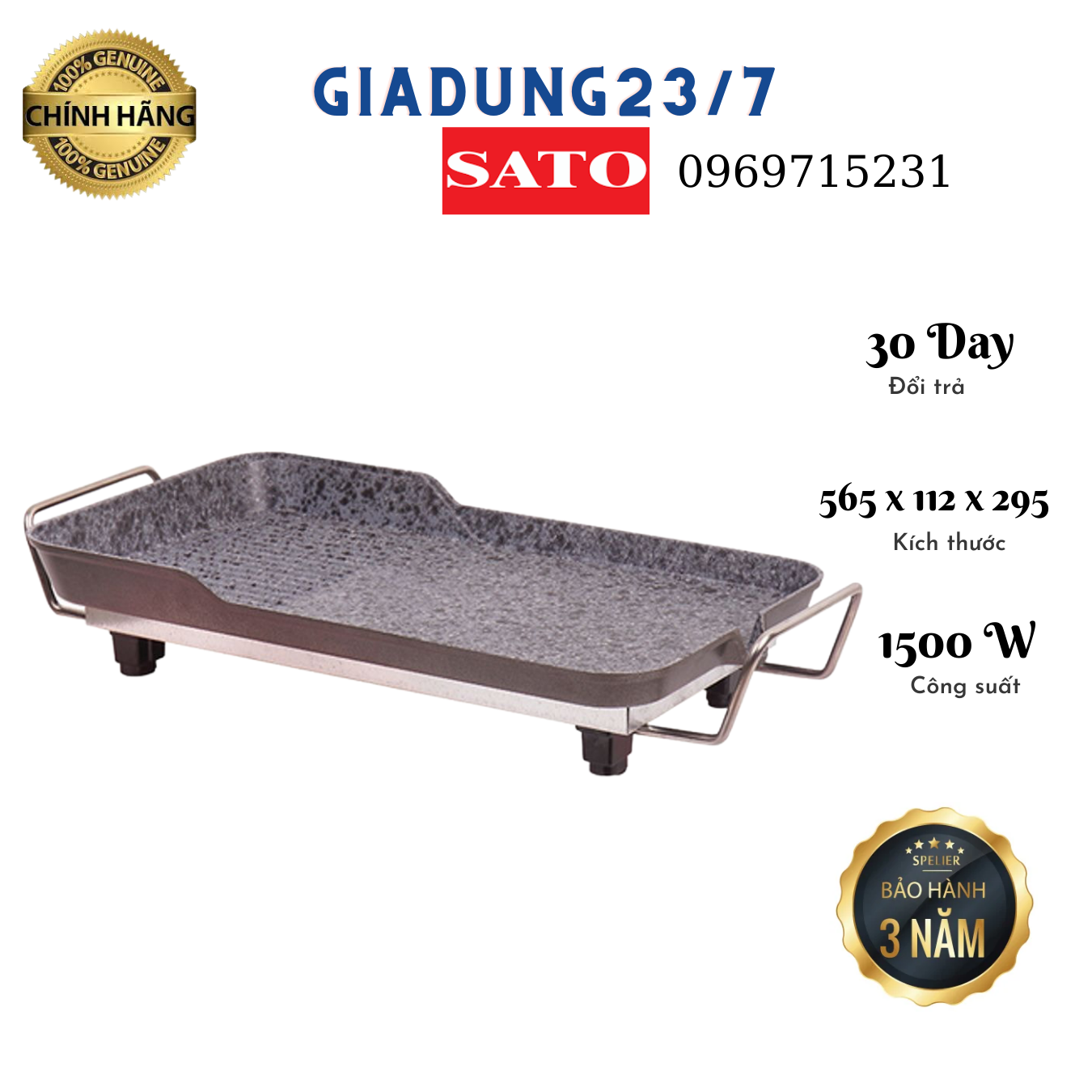 Bếp nướng điện, bếp điện sato bn11 công suất 1500w 3 lớp chống dính bảo hành 36 tháng 1 đổi 1 trong 7 ngày