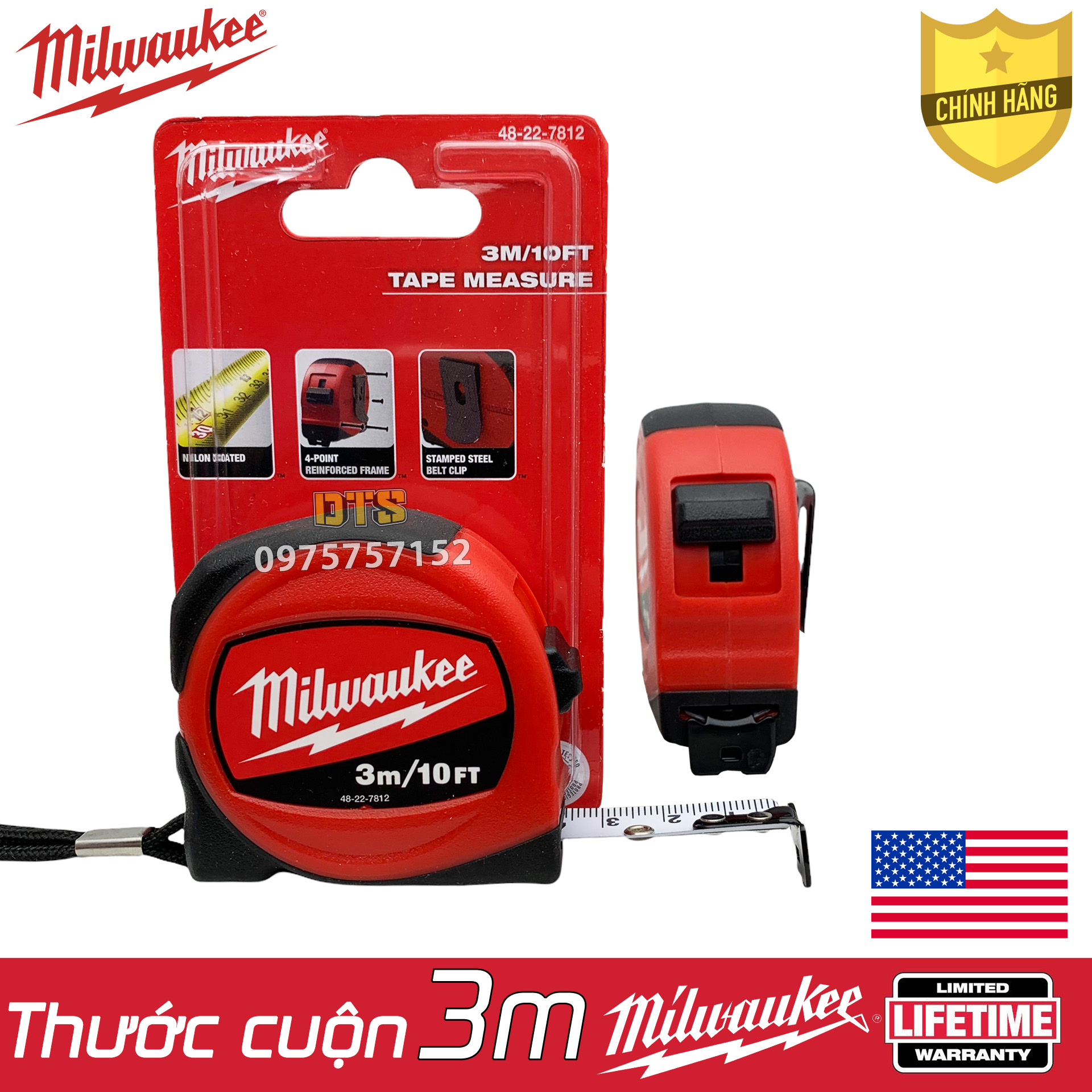 Thước kéo 3m cao cấp Milwaukee Mỹ siêu bền, thước cuộn thép nền trắng công nghiệp độ chính xác tuyệt đối, chữ số vạch chia khắc laser phủ lớp nylon siêu bền, vỏ bọc cao su chống va đập, thước rút,thước dây thép, thước đo