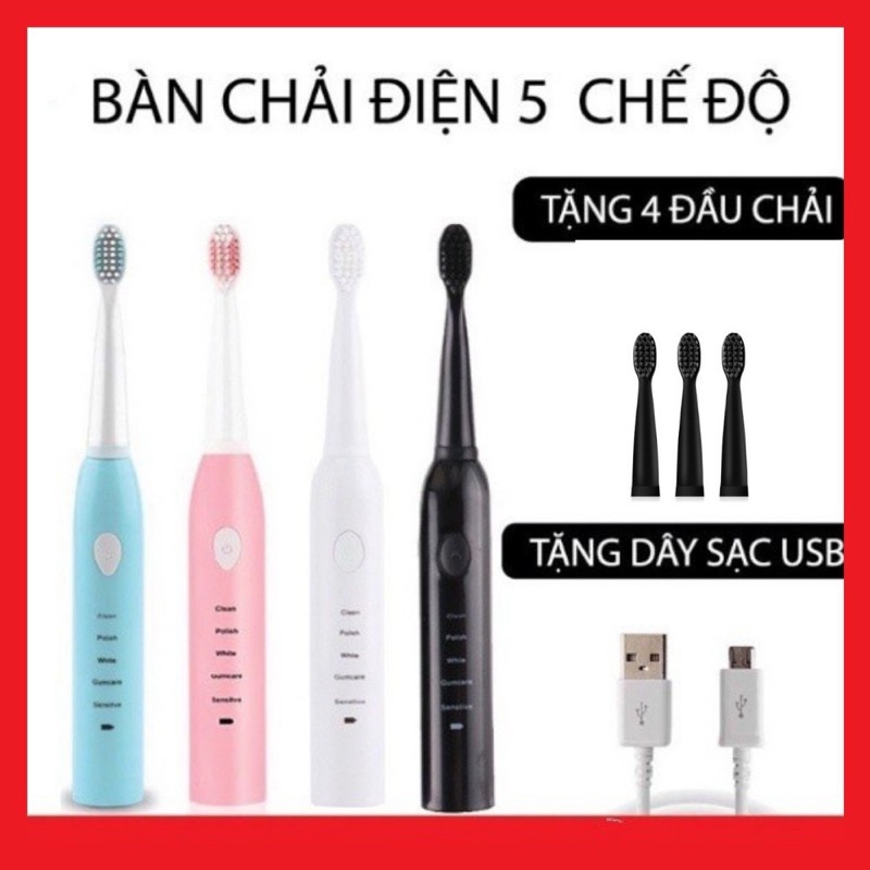 Bàn chải điện đánh răng tự động 5in1 cao cấp, bàn chải đánh răng chạy pin lông siêu mềm