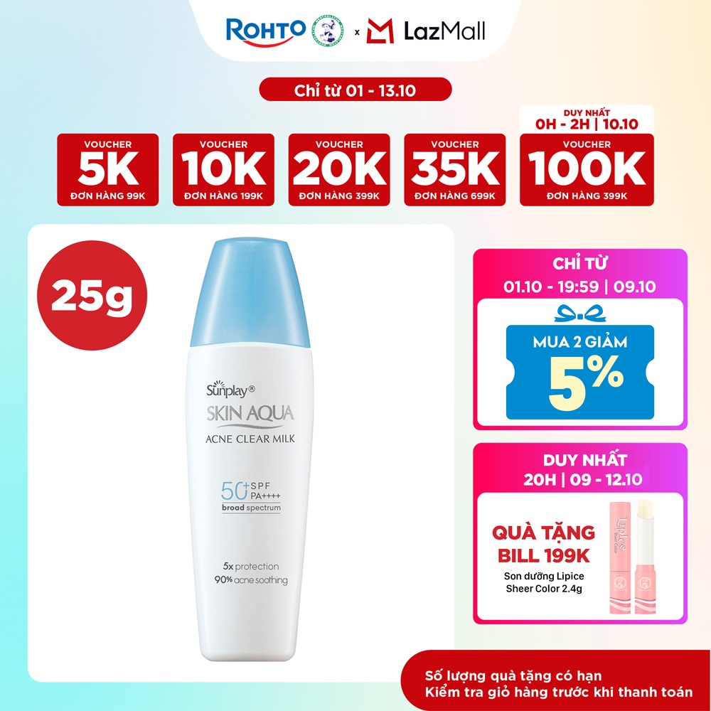 Kem chống nắng Skin Aqua cho da mụn, dạng sữa dùng hàng ngày Sunplay Skin Aqua Acne Clear Eco Việt Nam SPF 50, PA++++ 25g
