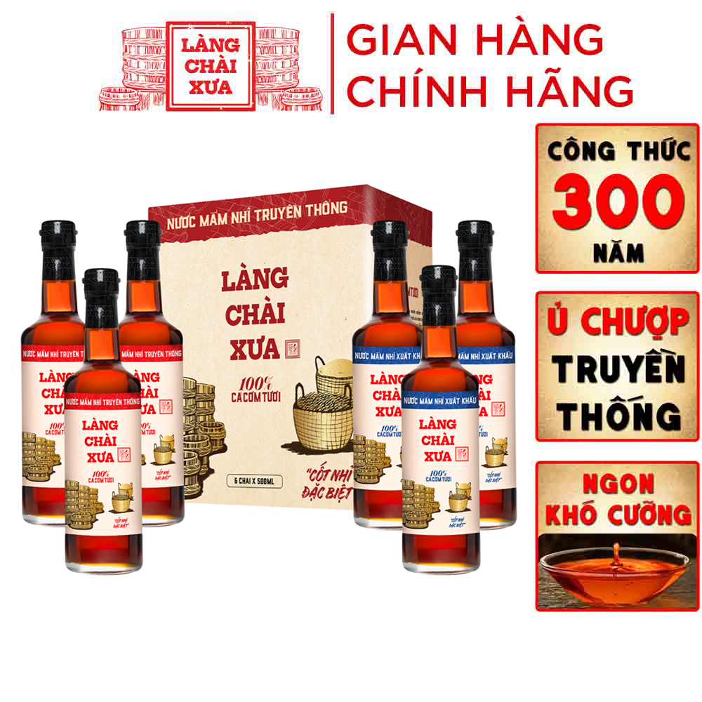 [ 2 vị dịu nhẹ + đậm đà ] Thùng 6 chai thuỷ tinh 500ml kết hợp nước mắm nhỉ Làng Chài Xưa (3 chai đỏ + 3 chai xanh) sánh đặc thịt cá vị dịu nhẹ nhãn xanh xuất khẩu, vị đậm đà nhãn đỏ