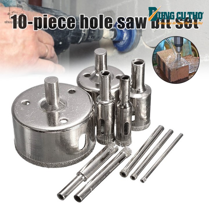 Bộ 10 mũi khoét lỗ – Mũi khoét kính , gạch sứ, chà hạt tròn 3-50mm
