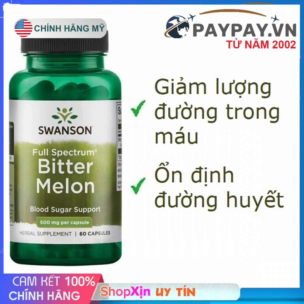 Giảm lượng đường trong máu hỗ trợ tiểu đường Swanson Bitter Melon của Mỹ