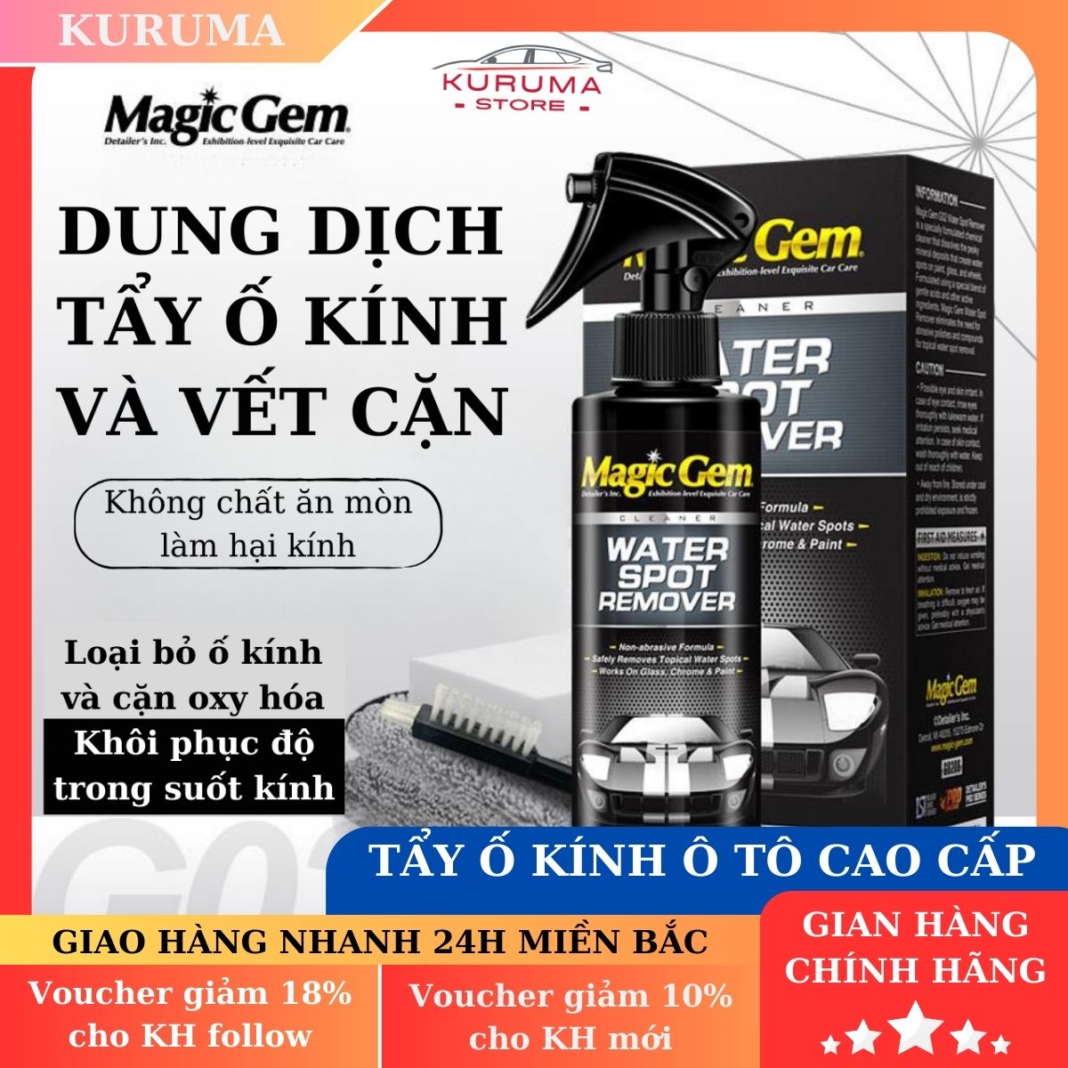 Tẩy ố kính ô tô cao cấp Magic Gem giúp loại bỏ vết ố kính, cặn canxi và logo xe bị oxy hóa khôi phục độ sạch trong, sáng bóng.