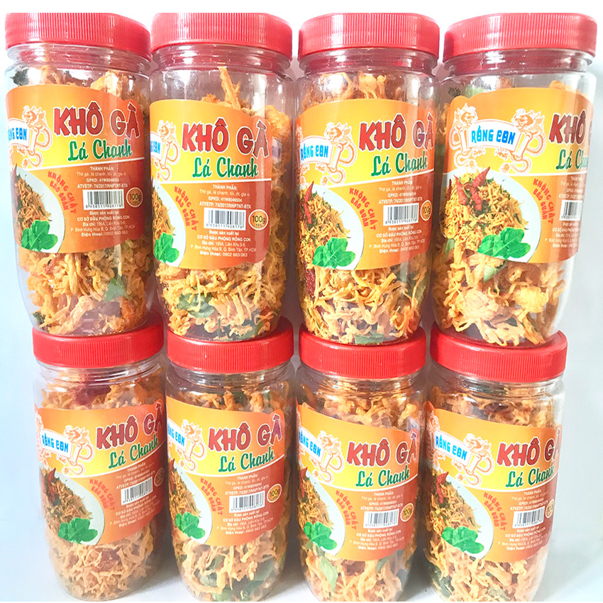 Buôn Sỉ 10 Hủ Khô Gà Lá Chanh (Hủ 100g) Thương Hiệu Rồng Con- Đồ ăn vặt, thịt sấy khô, đồ ăn chế biến sẵn