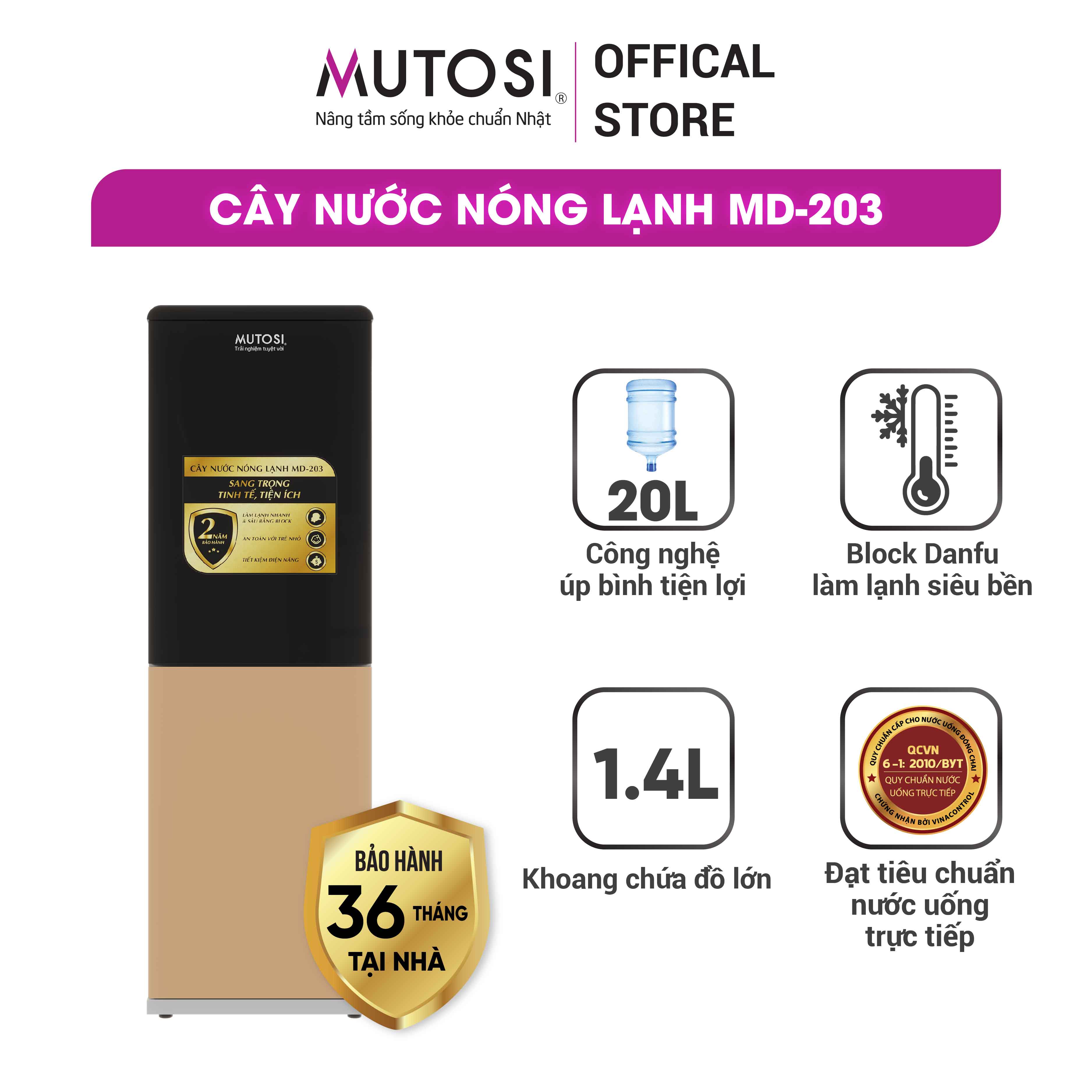 Cây nước nóng lạnh úp bình có khoang chứa đồ mutosi md-203