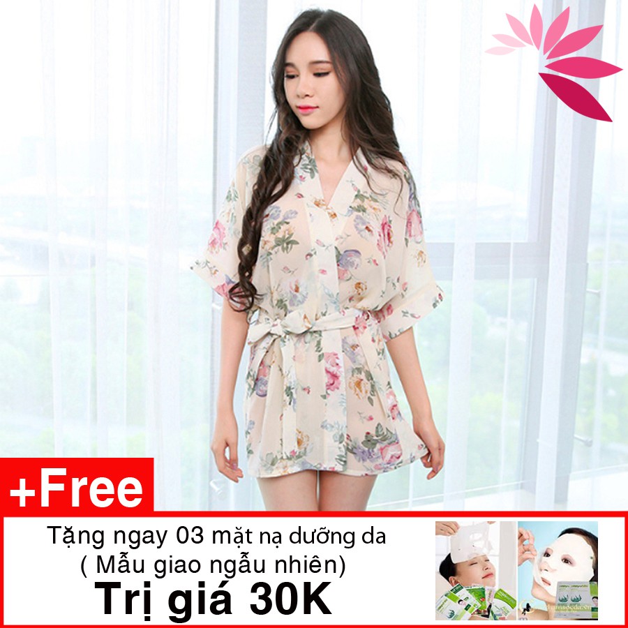 Váy ngủ Sexy,Áo choàng ngủ kimono chiffon sexy AN2 voan hoa trong suốt cao cấp. Tặng 3 mặt nạ