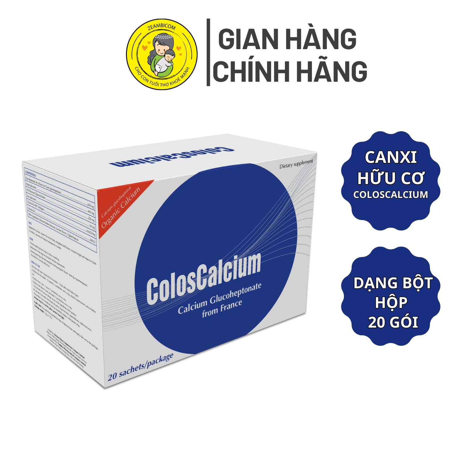 Canxi coloscalcium plus, canxi zeambi, canxi hữu cơ cho bé từ muối hữu cơ glucoheptonate có thêm d3k2 magie giúp hấp thu tối ưu