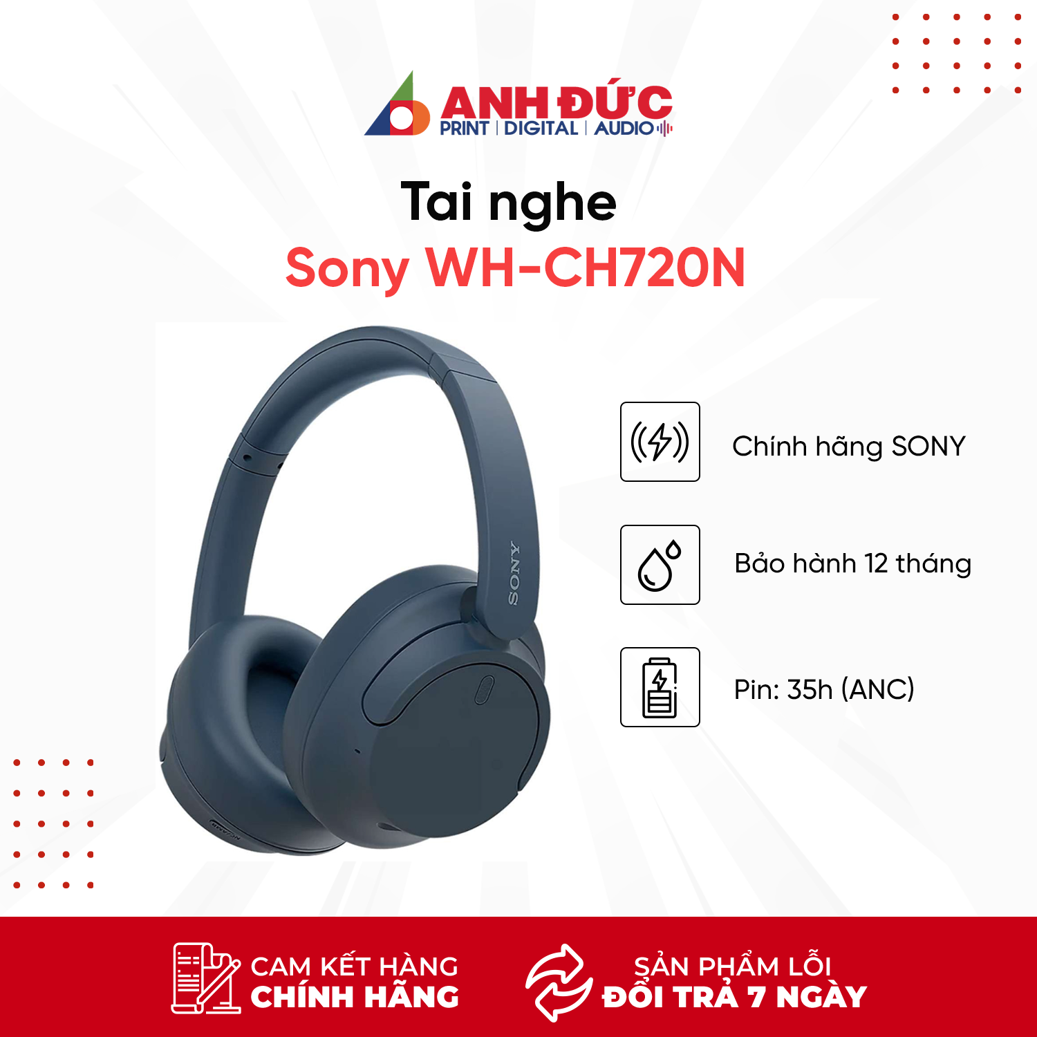 Tai Nghe Bluetooth Sony WH-CH720N Over-ear, Chống Ồn, Trắng/Đen/Xanh Dương