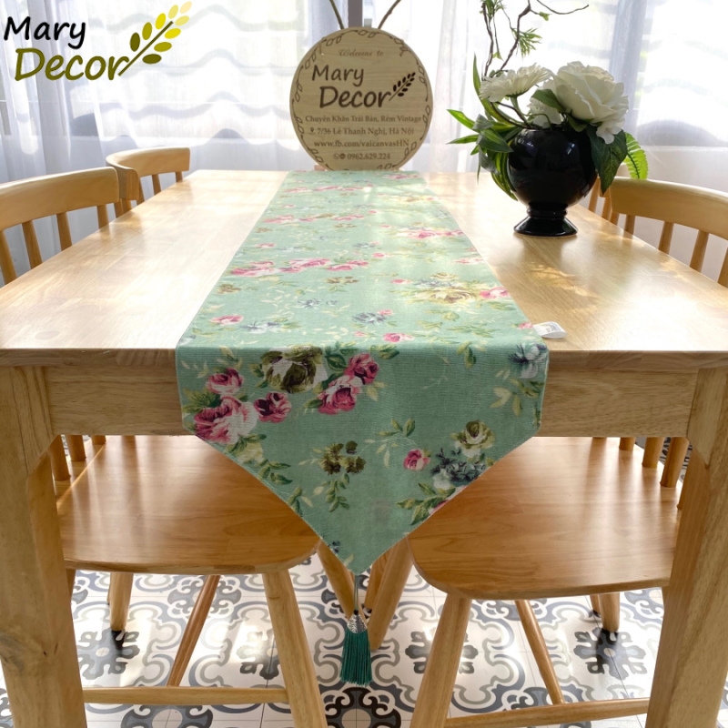 Khăn bàn runner Mary Decor vải trang trí nhà cửa nhiều mẫu mã cực đẹp - họa tiết Hoa xanh vintage - KR-K04