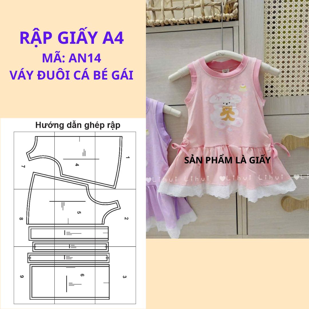 Rập giấy A4 cắt ghép may váy thun sát nách đuôi cá bé gái - AN14