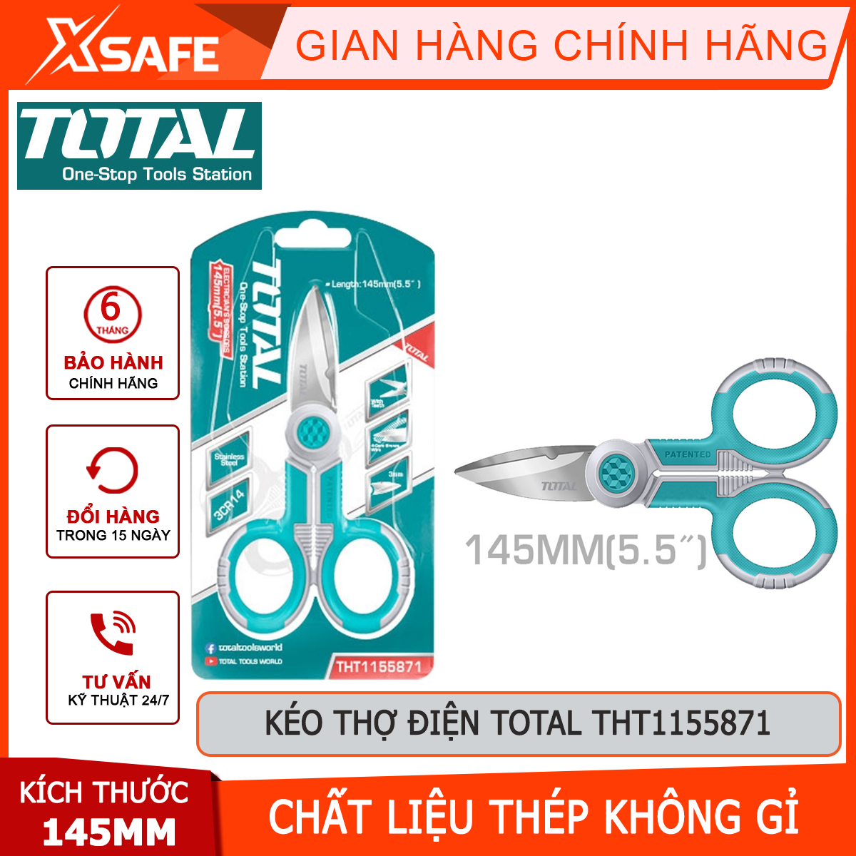  Kéo thợ điện TOTAL THT1155871 | kéo mini cho thợ điện kích thước 145mm  5.5 "  độ dày lưỡi kéo 3.0mm cắt kẹp tuốt các loại dây cáp dây điện dây kim loại 