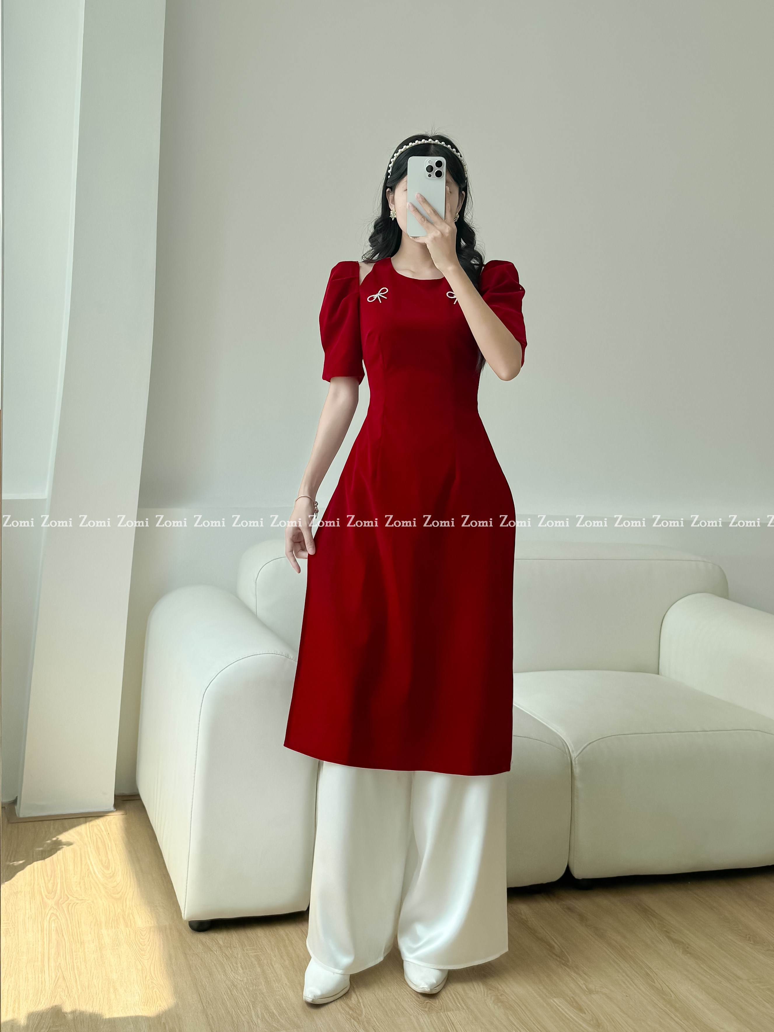 Set áo dài nhung cách tân hở vai đính nơ đá Z040
