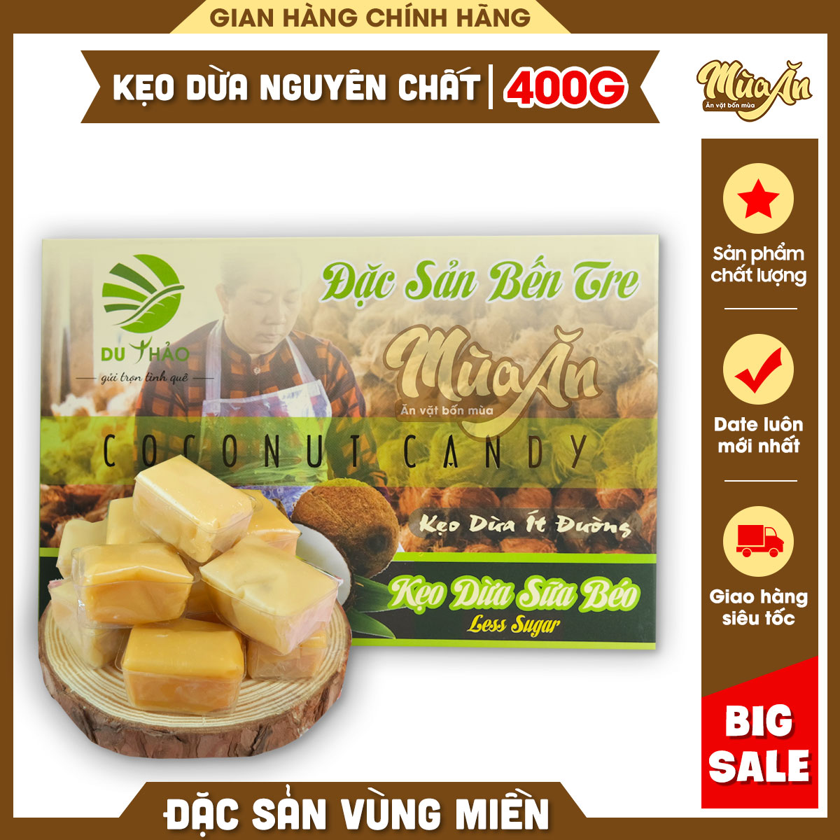 Kẹo dừa nguyên chất Bến Tre, kẹo dừa Bến Tre siêu mềm, thơm béo, ít ngọt Du Thảo 400g