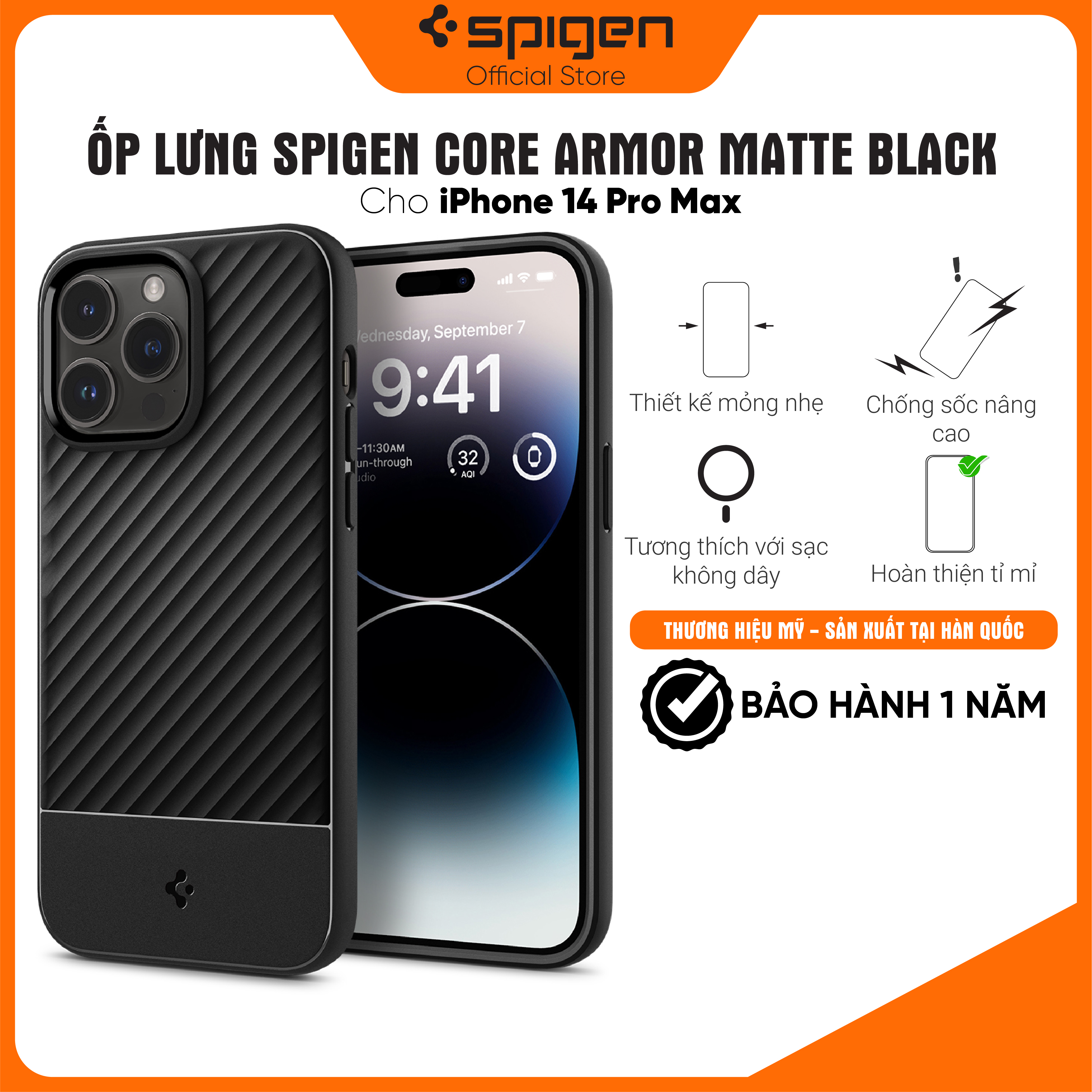 Ốp lưng Spigen Core Armor Matte Black cho iPhone 14 /14 Plus / 14 Pro/ 14 Pro Max -Thiết kế mỏng nhẹ, chống sốc, chống bẩn , viền camera cao - Hàng chính hãng