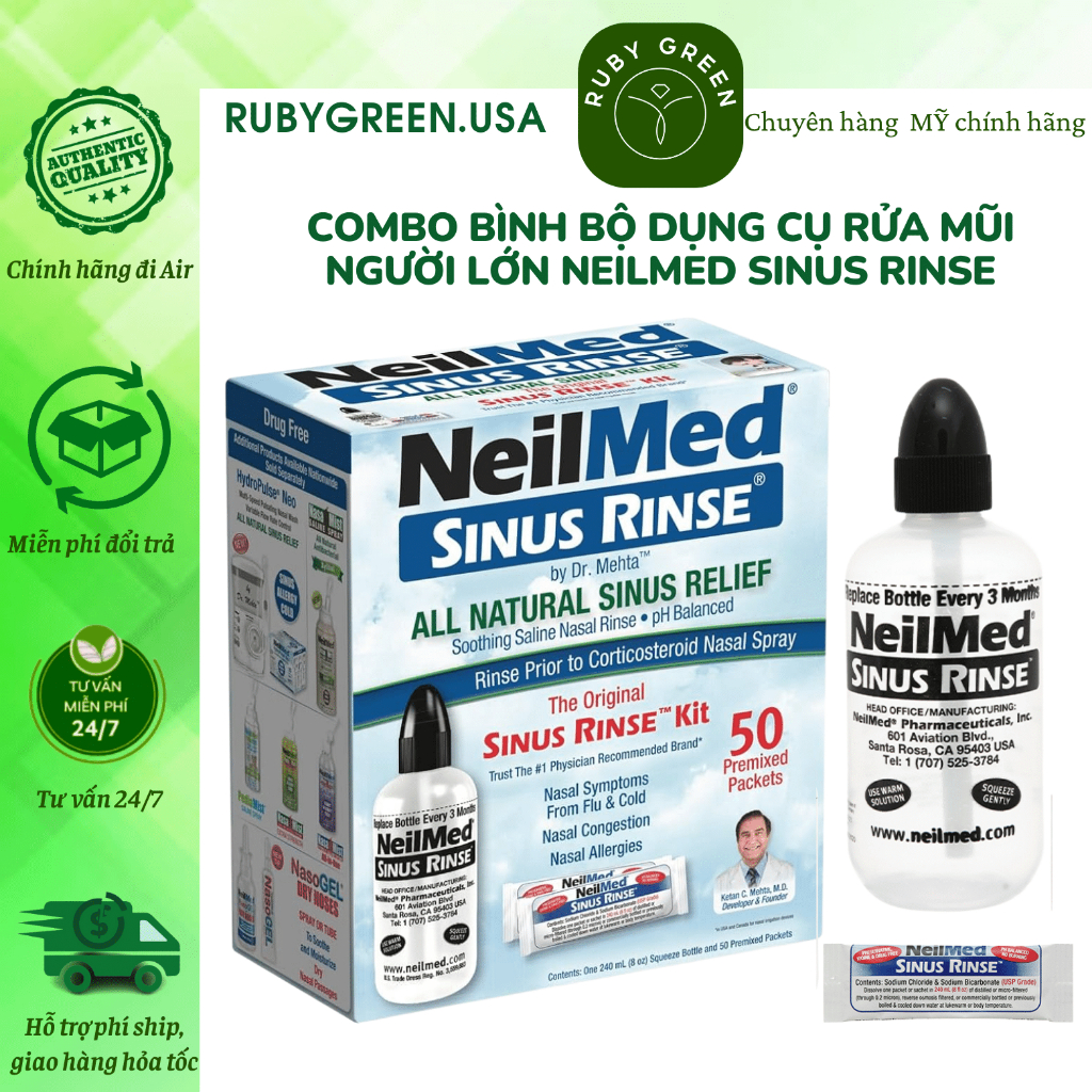 Bộ Bình Rửa Mũi Muối NeilMed Sinus Rinse - 1 bình 240ml và 50 gói muối