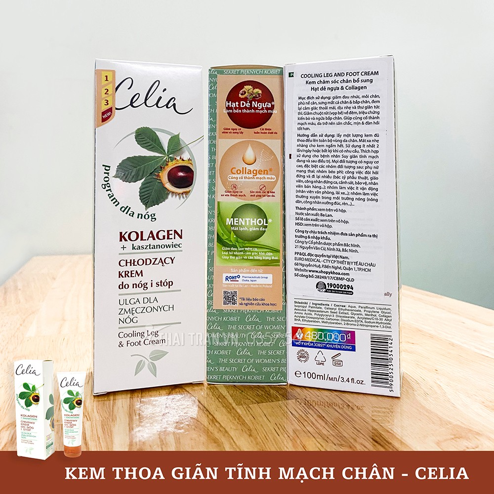 Kem thoa giãn tĩnh mạch chân celia. kích thước: 100ml/tuýp. kem thoa chăm sóc chân suy giãn tĩnh mạch celia 100ml chiết xuất hạt dẻ ngựa