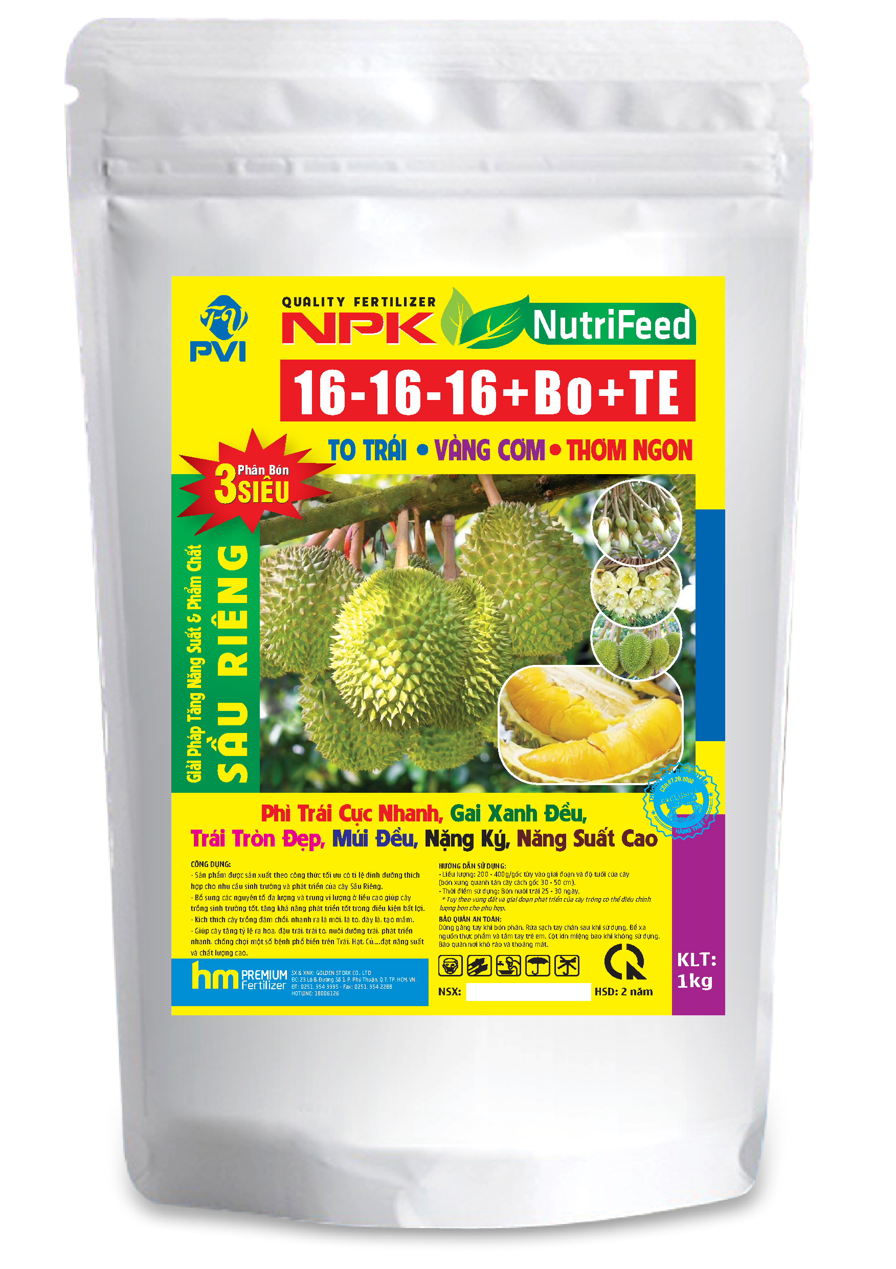 Phân bón NPK 16-16-16+TE NutriTech PVI (1 kg) – sản phẩm thuộc Tập Đoàn Con Cò Vàng - (chuyên dùng cho cây Sầu Riêng, giúp trái nặng kí, múi đều, gai xanh tròn đẹp, ...)