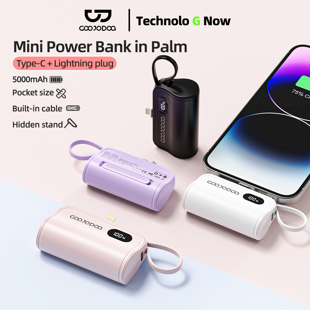 Sạc dự phòng di động GOOJODOQ 5000mAh Typc-C+ LN phích cắm đôi Giao diện kép Màn hình LED Power Bank