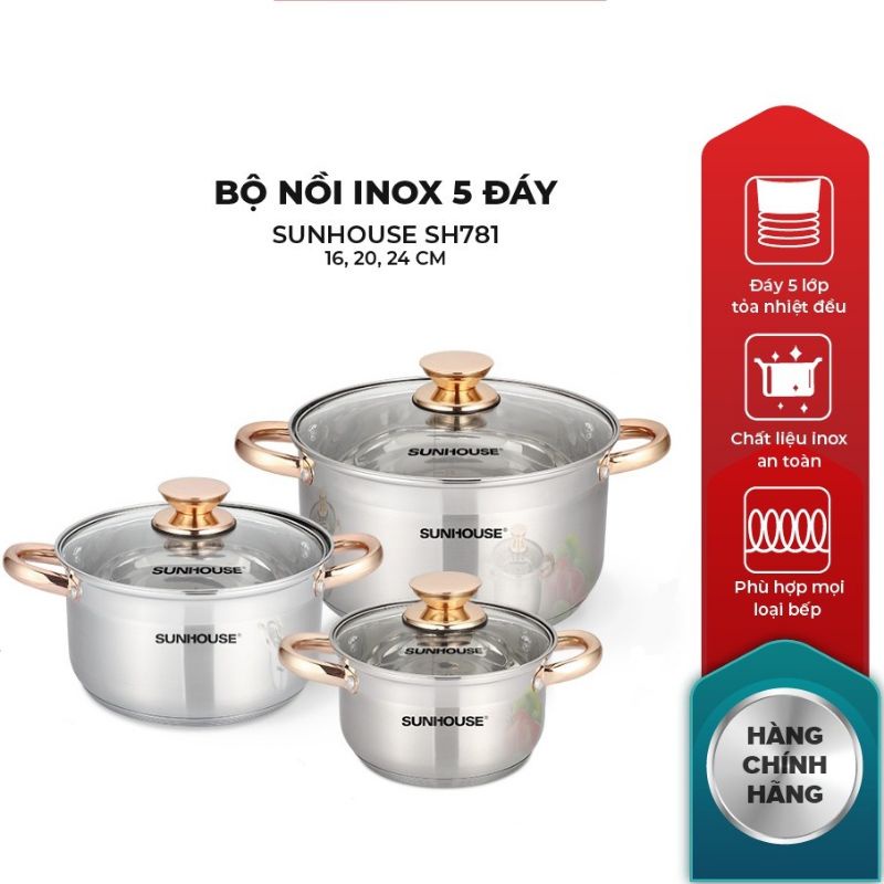 Bộ 3 nồi inox 5 đáy sh781 size 16-20-24cm giá cực tốt