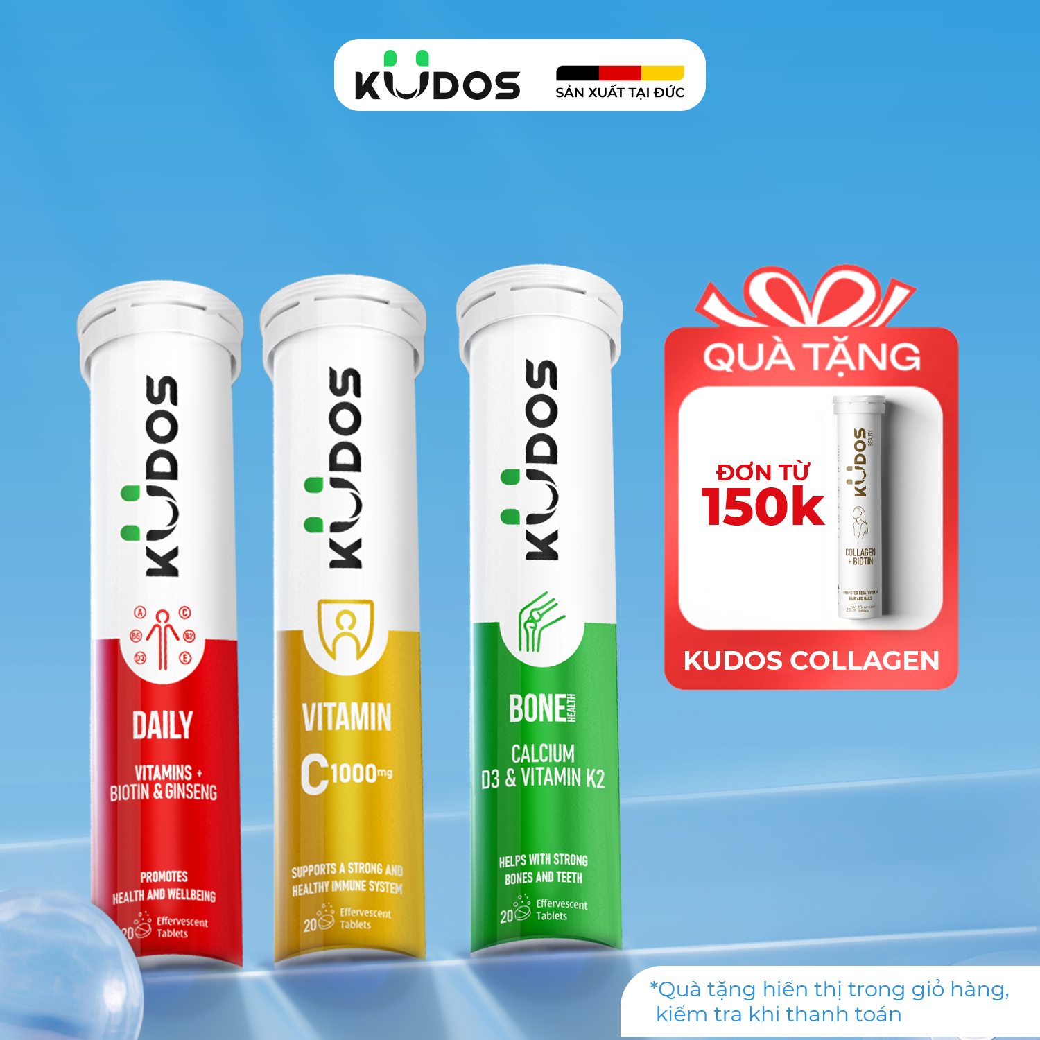 Combo 3 Thực phẩm bảo vệ sức khỏe KUDOS VITAMIN C 1000MG + Viên Sủi KUDOS BONE + Viên Sủi KUDOS DAILY (20 viên/tuýp)