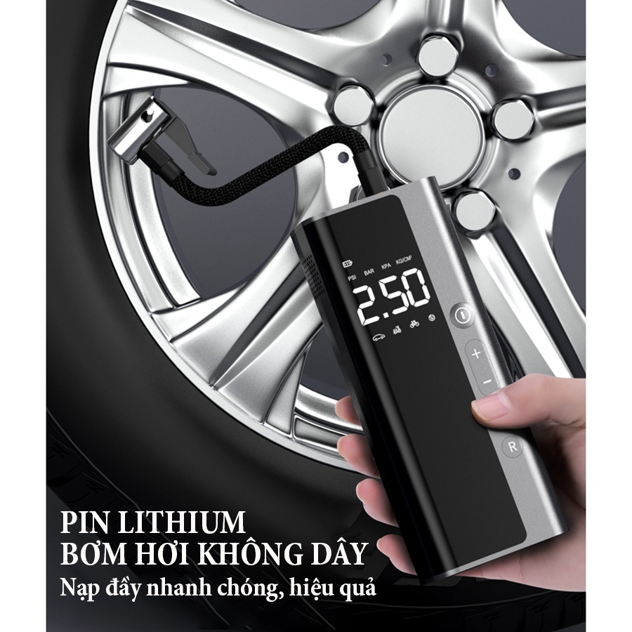 Máy bơm không khí 6000mAh, bơm lốp xe ô tô điện tử cao cấp, sạc dự phòng thông minh