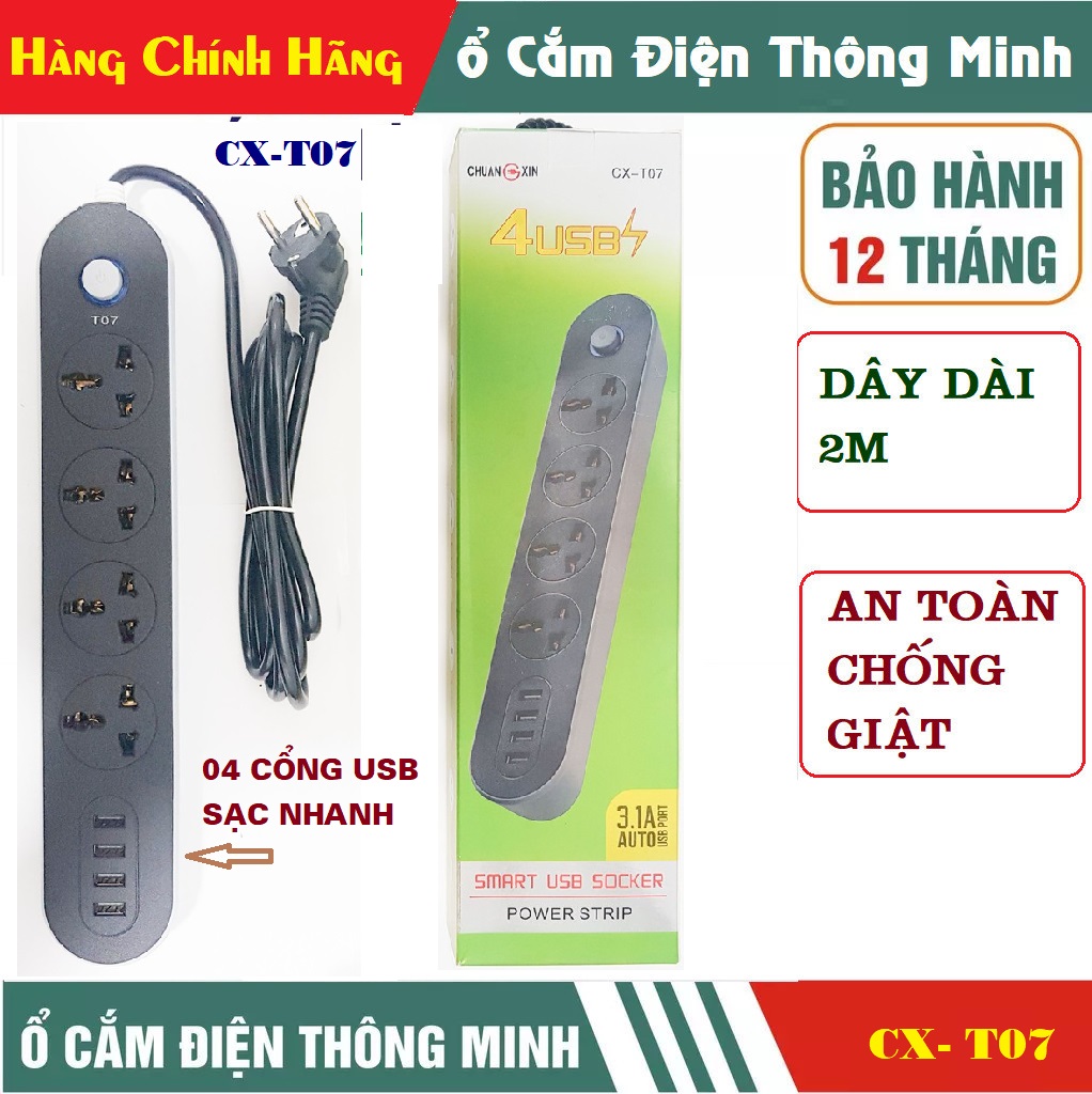 - Ổ cắm điện đa năng , ổ cắm điện, ổ cắm điện CX-T07 sạc nhanh 3.1A 4 cổng USB an toàn chống giật công tắc thiết bị tiết kiệm điện đa năng- Ổ cắm đa năng- Ổ cắm thông minh