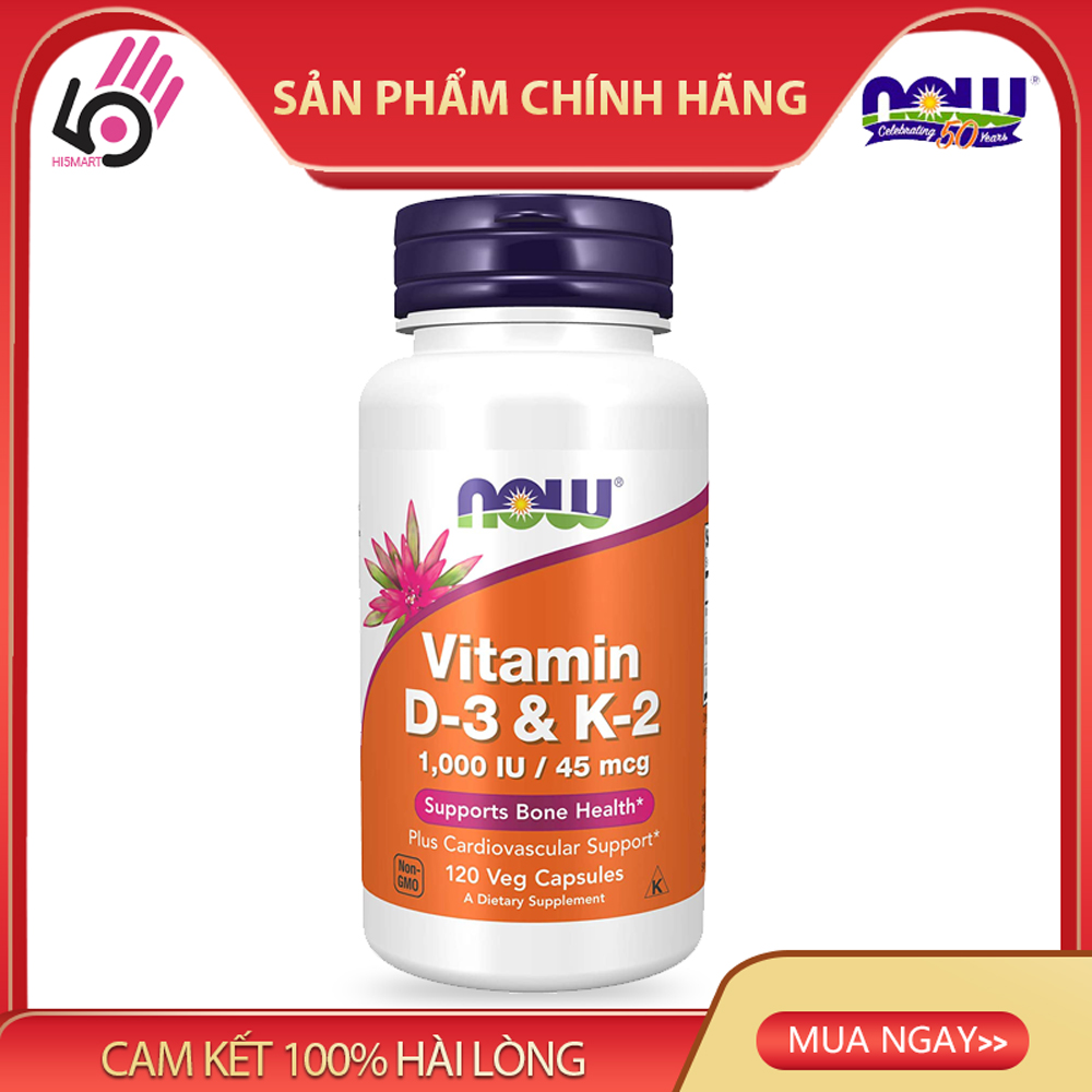 Viên uống vitamin d3 k2 1000 iu45 mcg plus,now foods, 120 viên