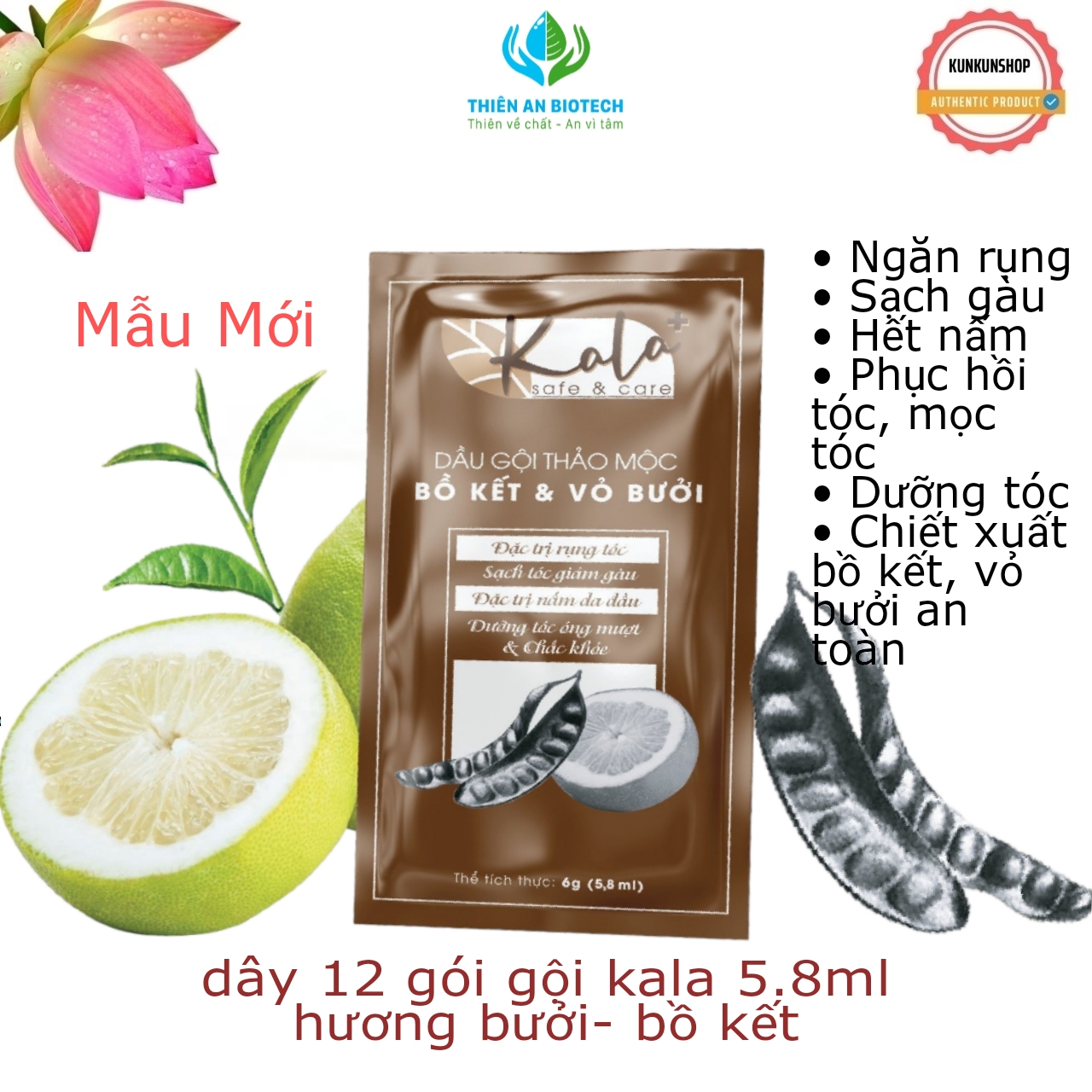 Dầu gội thảo mộc bồ kết và vỏ bưởi kala - dây12 gói 6g - chính hãng