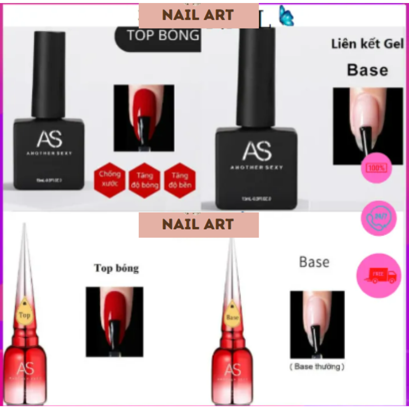 Base, top gel as chai vuông mới, cường lực, lì, kiềm dầu- nước liên kết, top bóng sơn gel, sơn base top sơn móng tay gel as dung tích 15ml