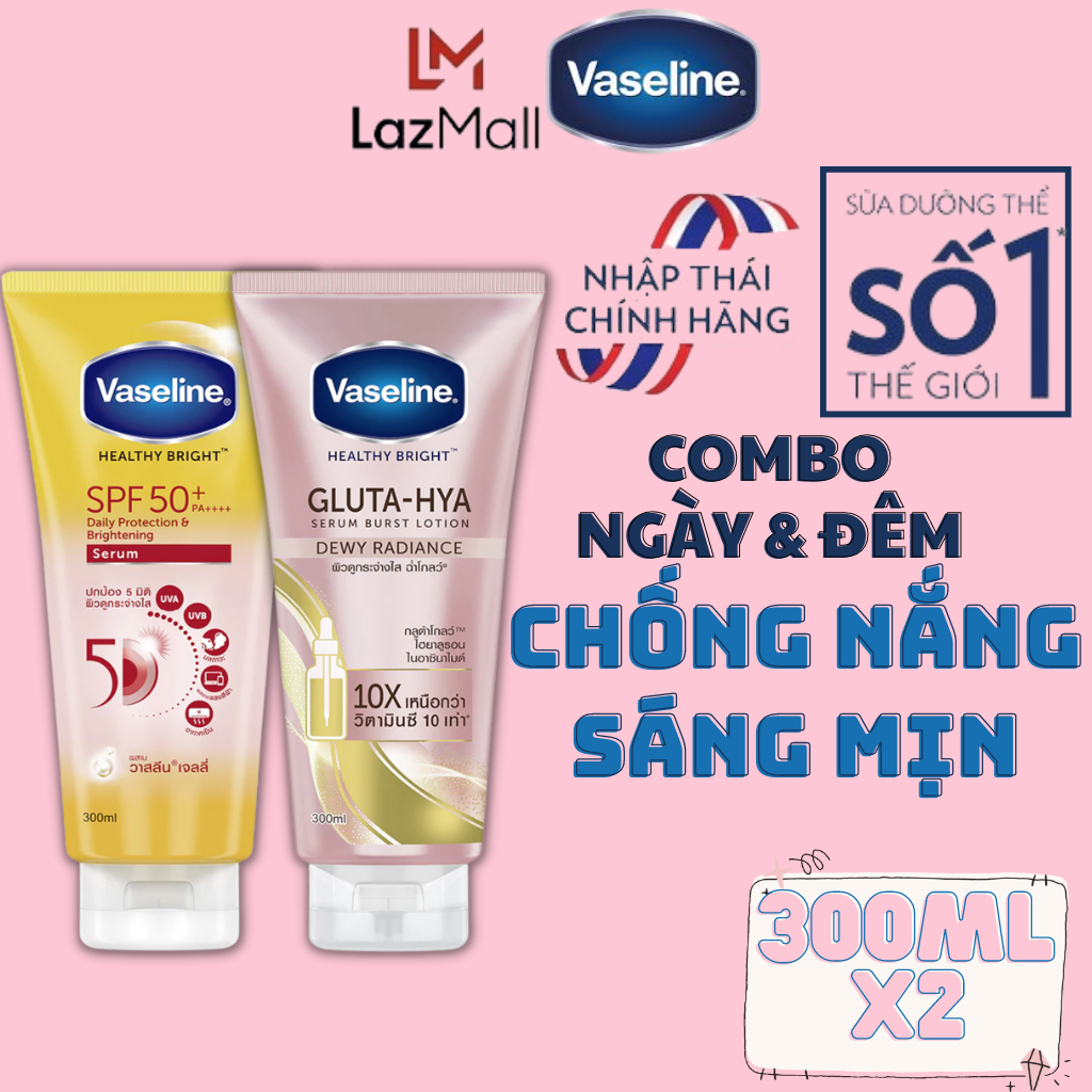 Dưỡng Thể Vaseline Trắng Da Chống Nắng 50X và Vaseline Gluta Hya Dưỡng Sáng Cấp Ẩm Đêm - Dưỡng Thể Vaseline 10X - Dưỡng Thể vaseline Dưỡng Trắng Chính Hãng - Vaseline Dưỡng Thể Chính Hãng